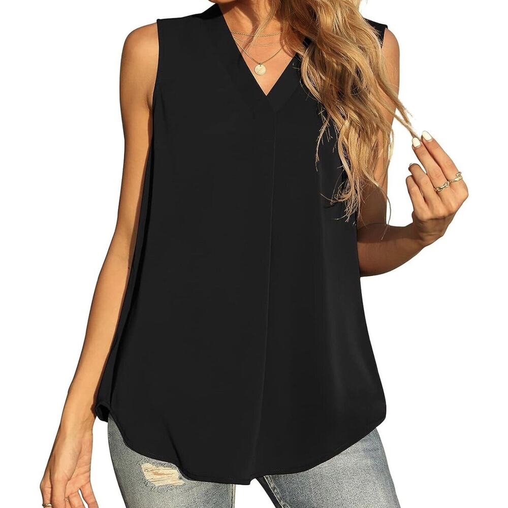 QUEZHU Women's Summer Sleeveless Chiffon Tank Tops Blouse Loose Casual V Neck S
